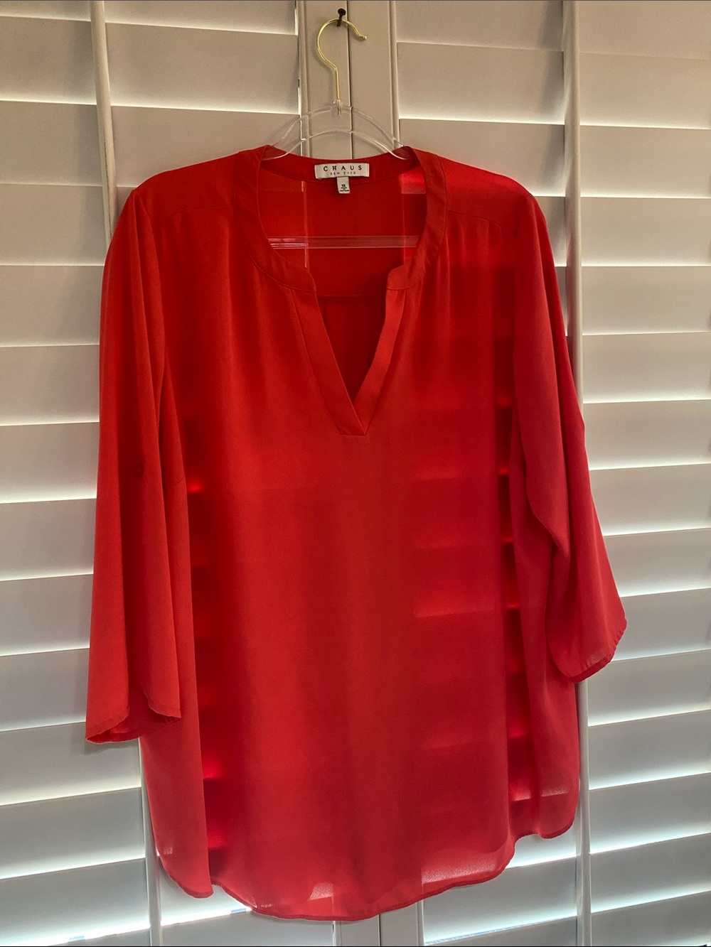 Chaus Bright Coral Split-Neck Tunic Blouse with tab sleeves Size 1x like new